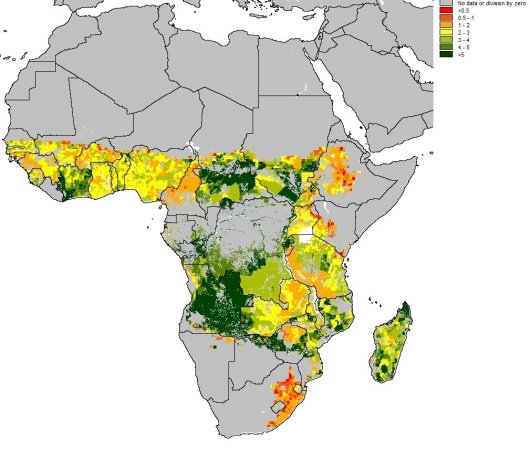 Figure 2: Ratio of fertilized rain fed maize yield (100 kg N ha-1; see Fig. 1) and actual maize yields around the year 2000.