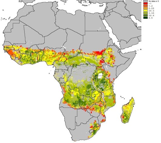 Figure 1: Simulated average rain fed maize yield (ton grain dry matter per hectare (1991 – 2010) fertilized with 100 kg N ha-1 at cropland locations in Sub-Saharan Africa. Figure 1: Simulated average rain fed maize yield (ton grain dry matter per hectare (1991 – 2010) fertilized with 100 kg N ha-1 at cropland locations in Sub-Saharan Africa.